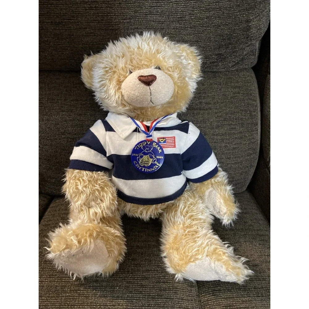 Build A Bear Cream Colored Bear With Blue And White Shirt and Centennial 17 🧸